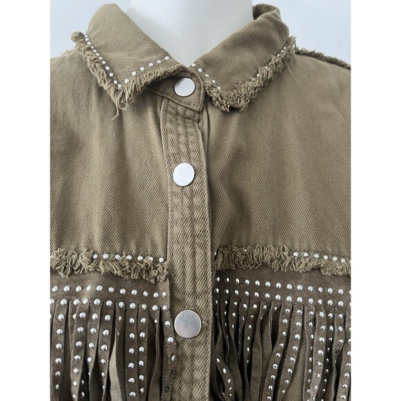 Zara Olive Green Cotton Fringe Trim Studded Snap Button Western Jacket Size Lg - Picture 7 of 9